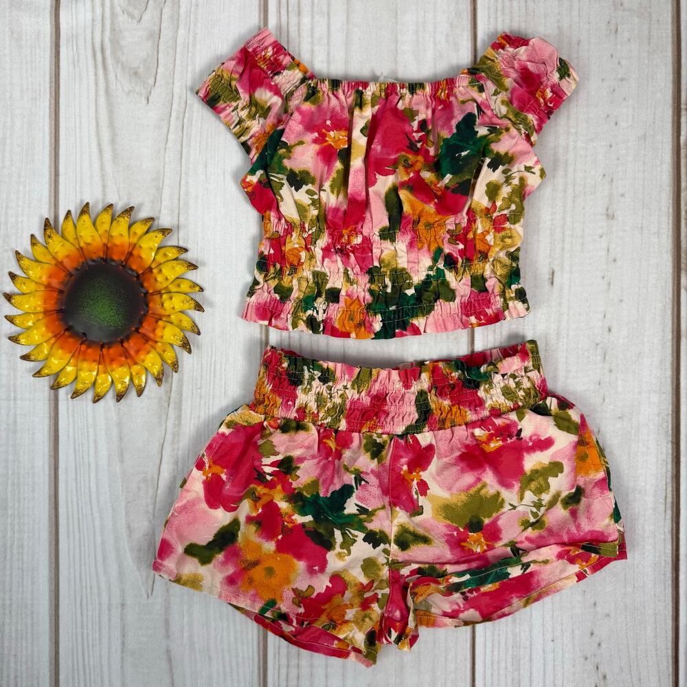Crewcuts Girls Floral Smocked Cotton Poplin Two Piece Set Top and Shorts Size 3